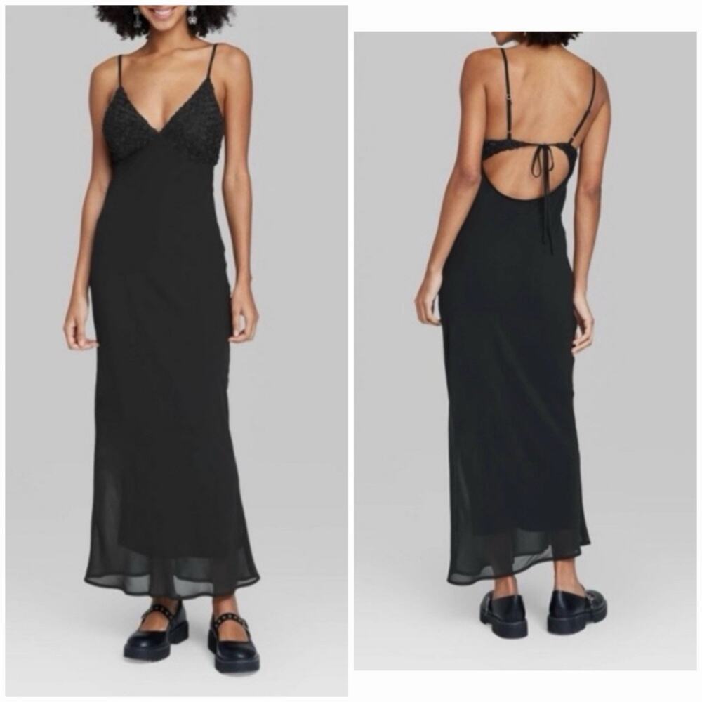 Wild Fable Black Floral  Maxi Dress Open Back Tie Women’s Size S NWT
